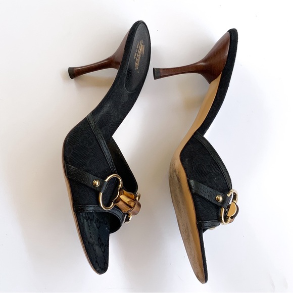 Gucci Women's Black Leather & Bamboo Straw Bit Open Toe Sandal Heel Size 8B - Picture 3 of 11